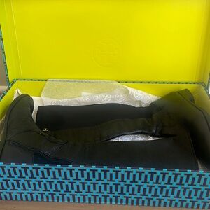 Tory Burch Selden Riding Boot - Tumbled Leather and Stretch Scuba material 9.5